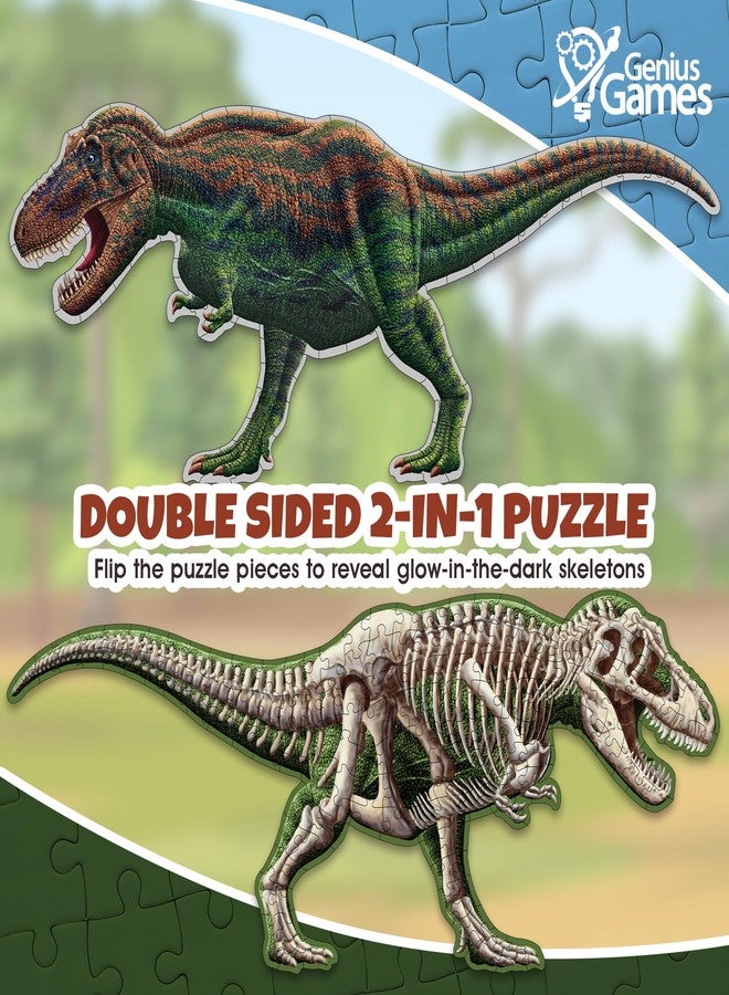Genius Games Tyrannosaurus Rex Dinosaur Jigsaw Puzzle | 100-Piece Double Sided Floor Puzzle with Glow-in-The-Dark Skeleton On Other Side | 4 FT Scientifically Accurate Dino Illustration | Educational Toy for Kids - Image 3